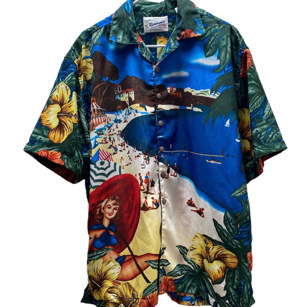 Reservoir Mens Hawaiian‎ beach girl aloha shirt size large worn once.